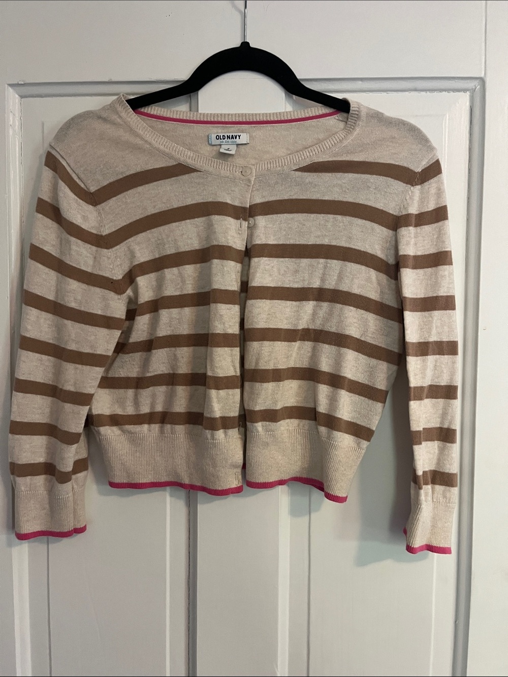 Old Navy Cream and Brown Striped Cropped Cardigan with Pink Trim